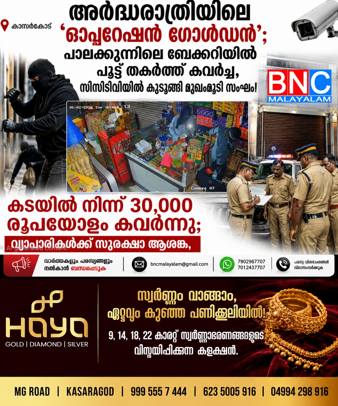 255: അർദ്ധരാത്രിയിലെ ‘ഓപ്പറേഷൻ ഗോൾഡൻ’; പാലക്കുന്നിലെ ബേക്കറിയിൽ പൂട്ട് തകർത്ത് കവർച്ച, സിസിടിവിയിൽ കുടുങ്ങി മുഖംമൂടി സംഘം
