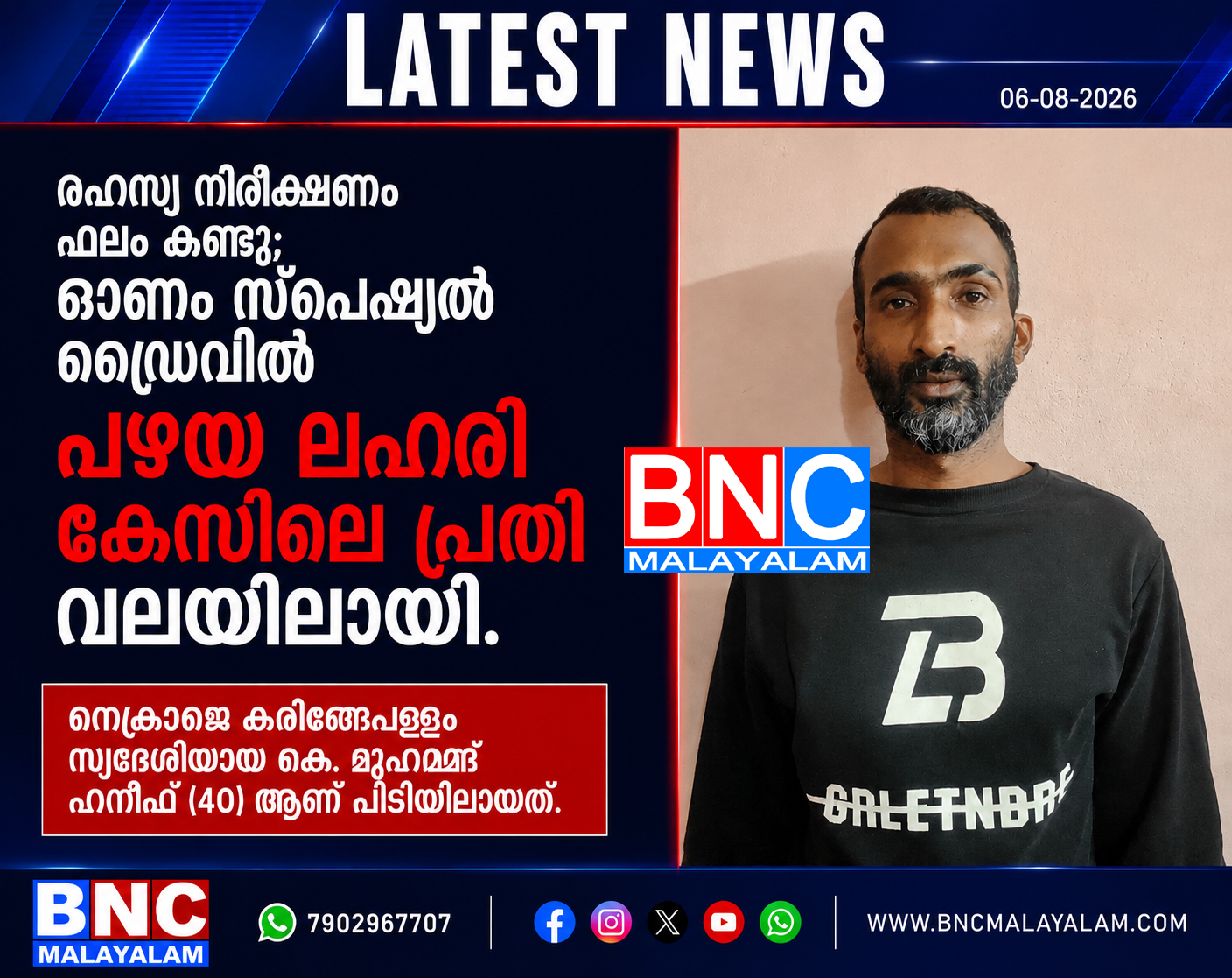 481: രഹസ്യ നിരീക്ഷണം ഫലം കണ്ടു; ഓണം സ്പെഷ്യൽ ഡ്രൈവിൽ പഴയ ലഹരി കേസിലെ പ്രതി വീണ്ടും എക്സൈസിന്റെ വലയിലായി. മെത്താംഫിറ്റമിനുമായി മുഹമ്മദ് ഹനീഫ് വീണ്ടും പിടിയിൽ