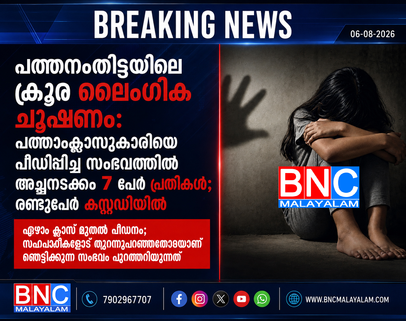 482: പത്തനംതിട്ടയിൽ പത്താം ക്ലാസുകാരിക്ക് നേരെ ക്രൂര ലൈംഗിക ചൂഷണം; അച്ഛനടക്കം ഏഴ് പേർ പ്രതികൾ, രണ്ട് പേർ അറസ്റ്റിൽ,ഏഴാം ക്ലാസ് മുതൽ പീഡനം; സഹപാഠികളോട് തുറന്നുപറഞ്ഞതോടെയാണ് ഞെട്ടിക്കുന്ന സംഭവം പുറത്തറിയുന്നത്